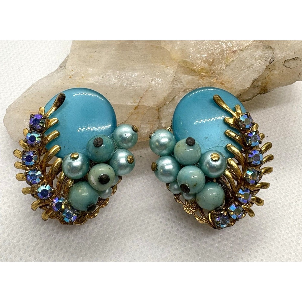 Vintage 1950s Clip On Earrings Turquoise Plastic Cabochon Cluster AB Rhinestones